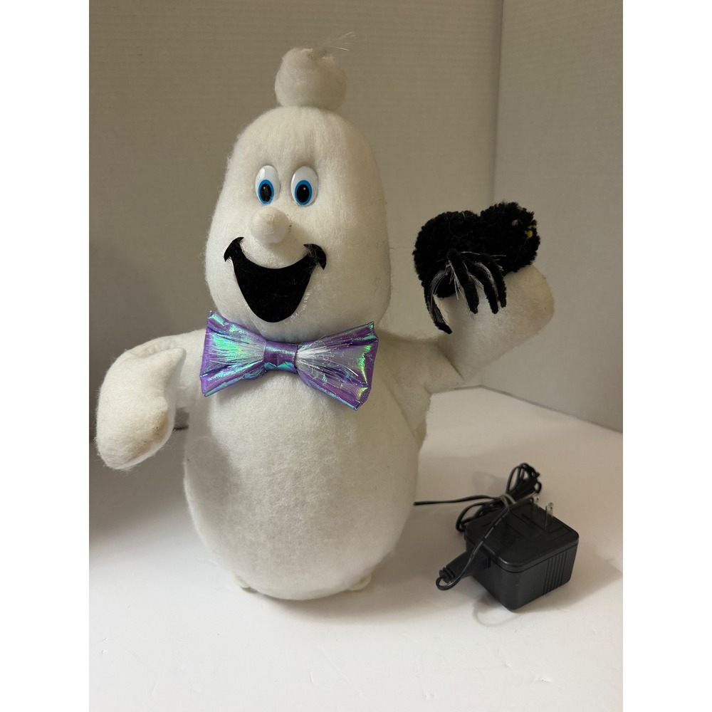 Vintage Halloween Fiber Optic Ghost with Spider Light Up Decor White Plush